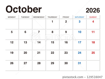 October 2026 calendar starts on Monday, no Japanese holidays October 2026 calendar starts on Monday, no Japanese holidays 129516047