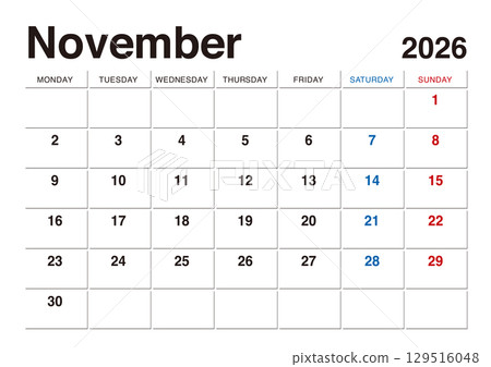November 2026 calendar starts on Monday, no Japanese holidays November 2026 calendar starts on Monday, no Japanese holidays 129516048