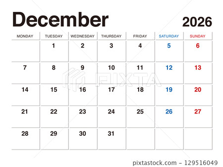 2026 年 12 月曆從星期一開始，無日本假期 129516049