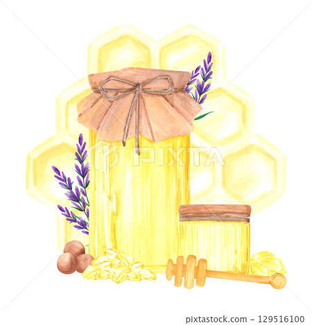 Golden honey composition with lavender, hand drawn watercolor jar and dipper illustration isolated on white background. Can be used for label, postcard scrapbook and other printed products. 129516100