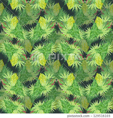 Tropical leaves seamless pattern, hand drawn watercolor rainforest bushes illustration isolated on dark background. Can be used for textile, fabric and other printed products. Tropical leaves seamless pattern, hand drawn watercolor rainforest bushes illustration isolated on dark background. Can be used for textile, fabric and other printed products. 129516103