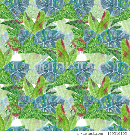 Tropical leaves seamless pattern, hand drawn watercolor rainforest bushes illustration isolated on white background. Can be used for textile, fabric and other printed products. Tropical leaves seamless pattern, hand drawn watercolor rainforest bushes illustration isolated on white background. Can be used for textile, fabric and other printed products. 129516105