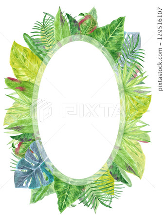 Tropical leaves wreath post card frame border, hand drawn watercolor illustration isolated on white background. Can be used for cards, invitation and other printed products. Tropical leaves wreath post card frame border, hand drawn watercolor illustration isolated on white background. Can be used for cards, invitation and other printed products. 129516107