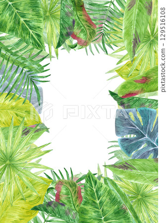 Tropical leaves wreath post card frame border, hand drawn watercolor illustration isolated on white background. Can be used for cards, invitation and other printed products. Tropical leaves wreath post card frame border, hand drawn watercolor illustration isolated on white background. Can be used for cards, invitation and other printed products. 129516108