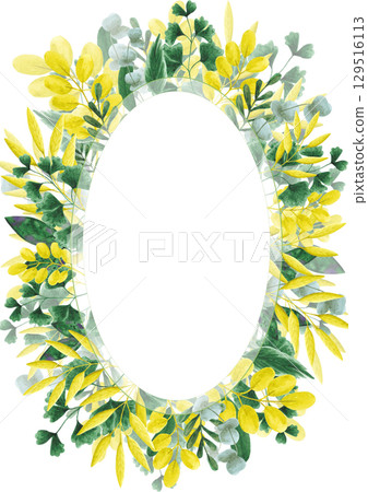 Hand drawn watercolor leaves and herbs postcard wreath frame border isolated on white background. Can be used for card invitation and other printed products. Hand drawn watercolor leaves and herbs postcard wreath frame border isolated on white background. Can be used for card invitation and other printed products. 129516113