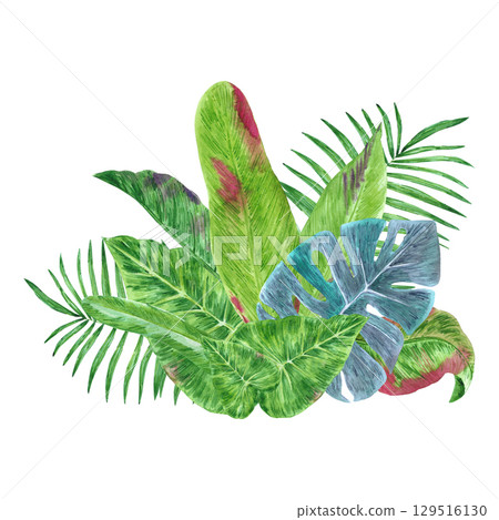 Tropical leaves composition, hand drawn watercolor illustration isolated on white background. Can be used for card, scrapbook and other printed products. Tropical leaves composition, hand drawn watercolor illustration isolated on white background. Can be used for card, scrapbook and other printed products. 129516130