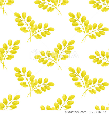 Hand drawn watercolor autumn yellow leaves composition seamless pattern isolated on white background. Can be used for textile, fabric and other printed products. 129516134
