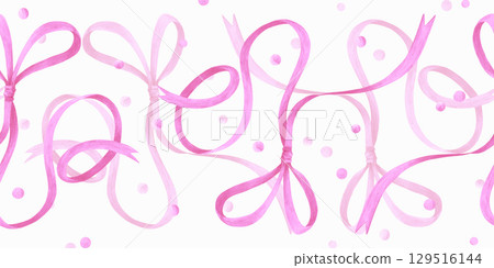 Pink ribbon bow with confetti seamless frame border, hand drawn watercolor illustration isolated on white background. Can be used for postcard, fabric scrapbook and other printed products. 129516144