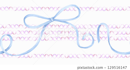 Hand drawn watercolor pearl stripes with bows seamless frame border isolated on white background. Can be used for post card, fabric scrapbook and other printed products. Hand drawn watercolor pearl stripes with bows seamless frame border isolated on white background. Can be used for post card, fabric scrapbook and other printed products. 129516147
