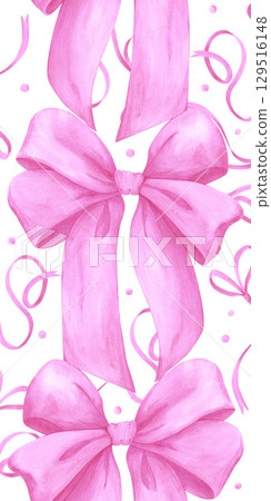 Pink ribbon bow with confetti seamless frame border, hand drawn watercolor illustration isolated on white background. Can be used for postcard, fabric scrapbook and other printed products. Pink ribbon bow with confetti seamless frame border, hand drawn watercolor illustration isolated on white background. Can be used for postcard, fabric scrapbook and other printed products. 129516148