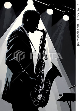 Black and white silhouette of a tenor saxophonist during a performance. Black and white silhouette of a tenor saxophonist during a performance. 129516204