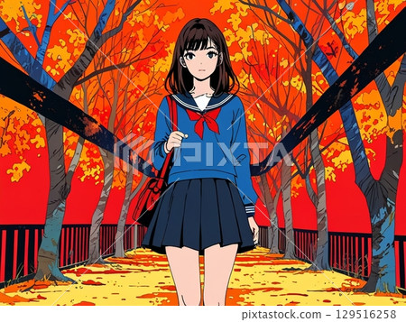 Girl gazing at autumn leaves 129516258