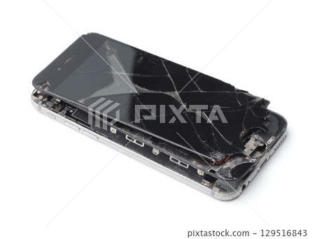 Crushed smartphone with broken screen Crushed smartphone with broken screen 129516843