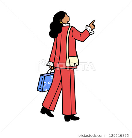 Illustration of a woman pointing and looking up. A fashionable person enjoying shopping. Illustration of a woman pointing and looking up. A fashionable person enjoying shopping. 129516855