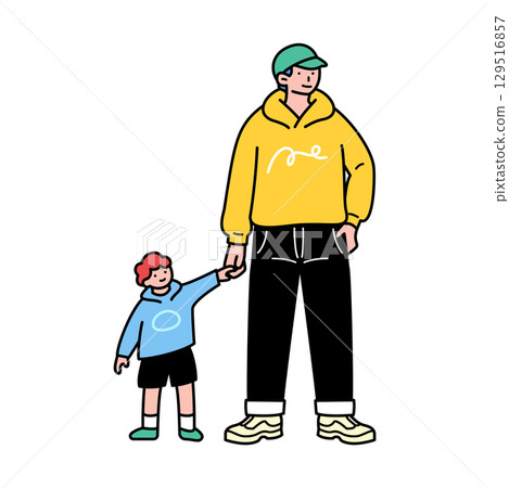 An illustration of a father holding hands with his child. A father and child going out on a holiday. A single father and son. 129516857