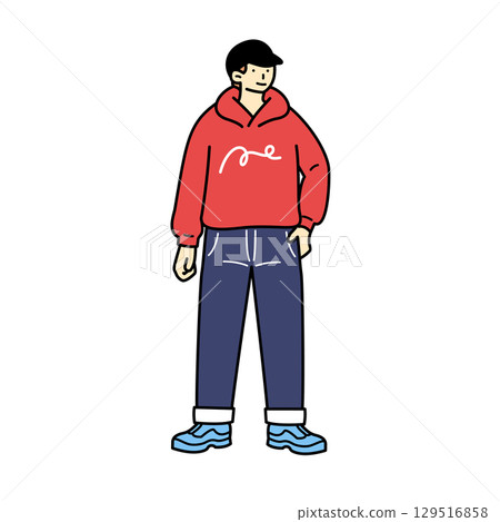 Illustration of a man wearing casual clothes and a hat. 129516858