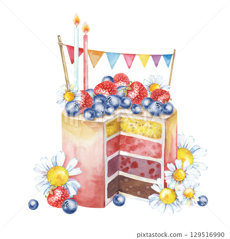 Watercolor illustration of a festive berry cake with hand-drawn decor. A sweet dessert with lighted candles, flags, ripe berries and white daisies. A template for postcards, invitations, and business  129516990