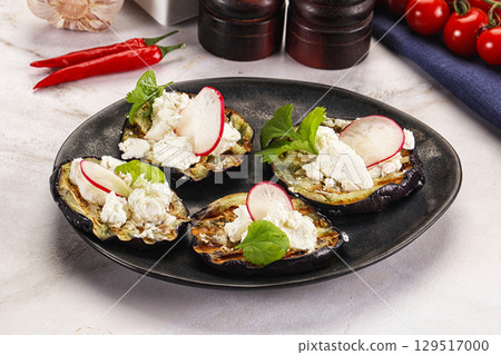 Grilled eggplant with cheese and radish Grilled eggplant with cheese and radish 129517000