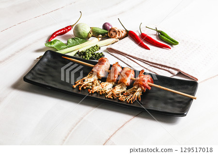 Thai Street foof satay with bacon and mushroom 129517018