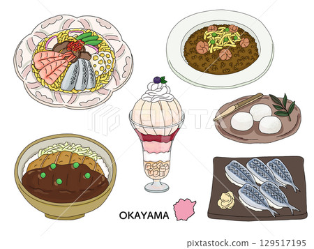 Okayama gourmet travel food illustration set 129517195