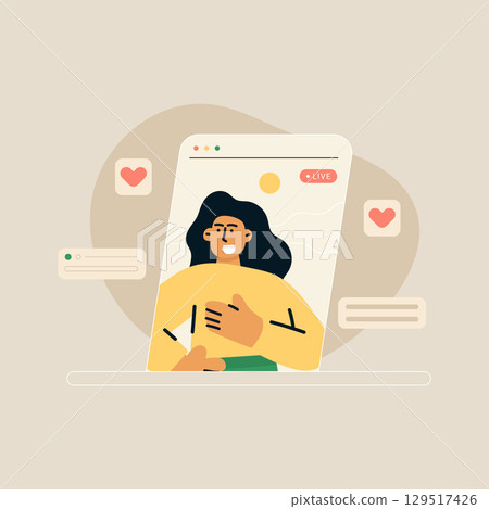 Flat style illustration of influencer character live streaming. Real-time communication, social media interaction, and online engagement. Vector illustration. 129517426