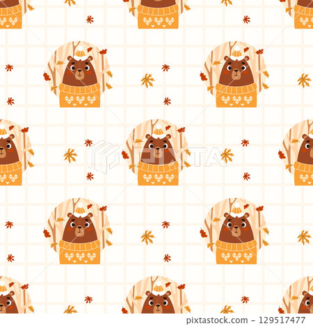 Seamless pattern with Cute Autumn Bear in Cozy Sweater with Fall Leaves on white checkered background. Funny Animal character. Vector illustration. Kids collection. Not AI 129517477
