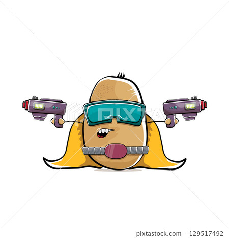 vector funny cartoon cute brown super hero potato with mask, orange hero cape and gun isolated on white background. My name is potato vector concept. Super hero funky vegetable food character vector funny cartoon cute brown super hero potato with mask, orange hero cape and gun isolated on white background. My name is potato vector concept. Super hero funky vegetable food character 129517492