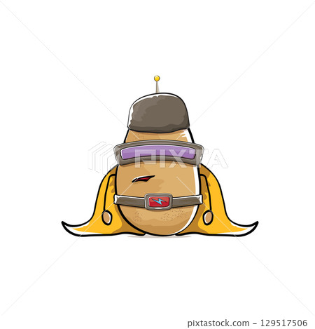 vector funny cartoon cute brown super hero potato with mask, orange hero cape and gun isolated on white background. My name is potato vector concept. Super hero funky vegetable food character 129517506