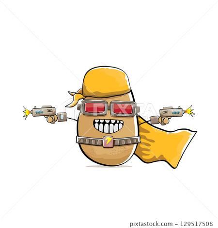 vector funny cartoon cute brown super hero potato with mask, orange hero cape and gun isolated on white background. My name is potato vector concept. Super hero funky vegetable food character 129517508