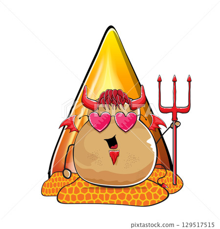 vector funny cartoon cute demon potato with fangs, trident and red wings isolated white background. Demon monster vegetable funky character with fire and magma. Happy halloween greeting card banner vector funny cartoon cute demon potato with fangs, trident and red wings isolated white background. Demon monster vegetable funky character with fire and magma. Happy halloween greeting card banner 129517515