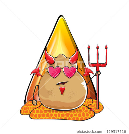 vector funny cartoon cute demon potato with fangs, trident and red wings isolated white background. Demon monster vegetable funky character with fire and magma. Happy halloween greeting card banner 129517516