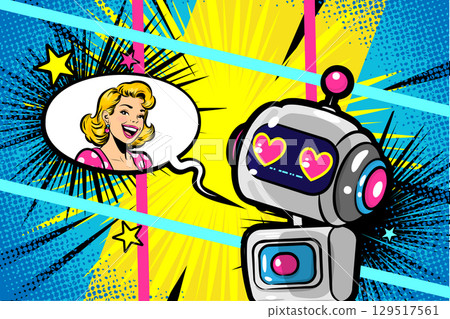 Vector illustration futuristic thinking about Pop art girl in a pink polka dot dress 129517561