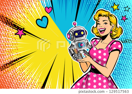 Vintage pin-up girl in a pink polka dot dress holding a futuristic robot. Vintage pin-up girl in a pink polka dot dress holding a futuristic robot. 129517563