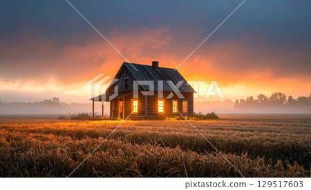 A small house is in the middle of a field. The house is surrounded by tall grass and the sky is cloudy A small house is in the middle of a field. The house is surrounded by tall grass and the sky is cloudy 129517603