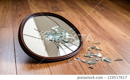 A broken mirror on a wooden floor. The mirror is shattered and the glass is scattered all over the floor. The scene is chaotic and disordered 129517617