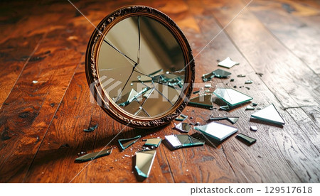 A broken mirror on a wooden floor. The mirror is shattered into many pieces, and the reflection of the broken mirror is visible. Concept of loss and destruction, as the mirror 129517618