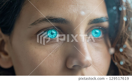 Girl with glowing cyan eyes staring through fogged window, raindrops on glass forming neural patterns 129517619
