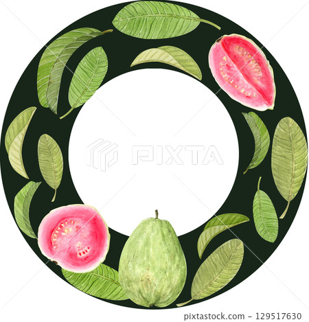 Watercolor tropical wreath with guava fruits, green leaves and pink slices on dark background. Elegant botanical frame ideal for exotic packaging, cosmetic branding, gourmet labels and summer-themed 129517630