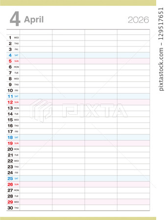 This is a calendar for April 2026 that can hold plans for four people. 129517651