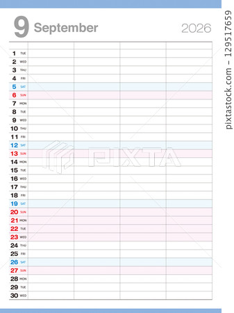 This is a calendar for September 2026 that can hold plans for four people. This is a calendar for September 2026 that can hold plans for four people. 129517659
