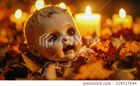 A doll with a bloody face is laying on a pile of leaves. The scene is eerie and unsettling, with the doll's expression and the presence of candles and leaves creating a spooky atmosphere A doll with a bloody face is laying on a pile of leaves. The scene is eerie and unsettling, with the doll's expression and the presence of candles and leaves creating a spooky atmosphere 129517694