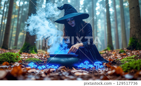 Witch stirring cauldron in deep forest, steam forming skulls and ravens in the air, glowing blue mushrooms on ground 129517736