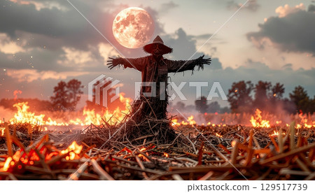 A scarecrow is standing in a field of burning grass. The sky is dark and cloudy, and a full moon is visible in the background. Scene is eerie and ominous A scarecrow is standing in a field of burning grass. The sky is dark and cloudy, and a full moon is visible in the background. Scene is eerie and ominous 129517739