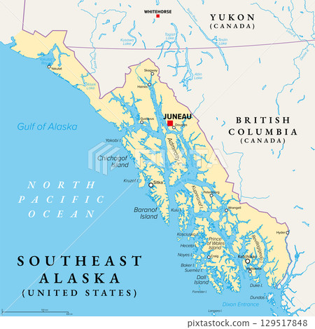 Southeast Alaska, also called Alaskan panhandle, political map. Region and southeastern portion of U.S. state of Alaska, on North Pacific, bordered by Canadian provinces British Columbia and Yukon. 129517848