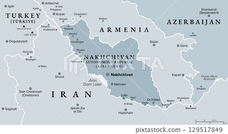 Nakhchivan Autonomous Republic, an exclave of Azerbaijan, gray political map. With Nakhchivan, the capital of the same name. The landlocked exclave is bordering Armenia, Turkey, and Iran. Vector 129517849