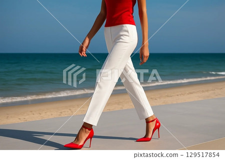 Woman in Red Top and White Pants Walking on Beach Walkway 129517854