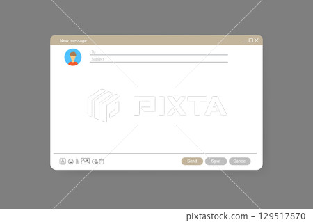 Email window template, new message blue interface mockup design. Computer desktop screen of mail isolated. Internet webpage illustration with icons. UI design template Email window template, new message blue interface mockup design. Computer desktop screen of mail isolated. Internet webpage illustration with icons. UI design template 129517870