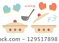 Cute illustration set of pot, ladle and mitten 129517898