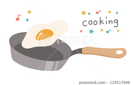 A cute illustration of a fried egg being cooked in a frying pan 129517899