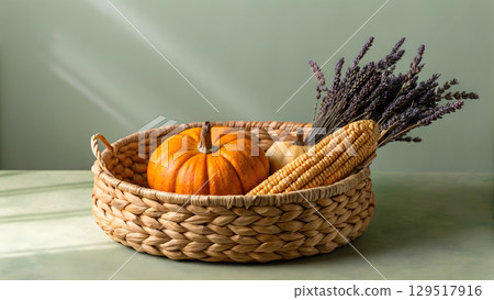 Autumn harvest basket with pumpkin and dried flowers on a green background Autumn harvest basket with pumpkin and dried flowers on a green background 129517916